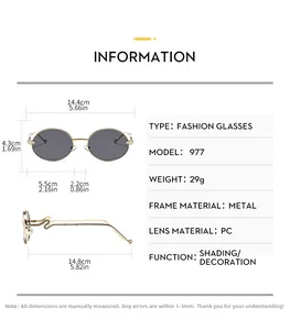 Size chart showing fashion snake-style sunglasses with detailed frame and lens dimensions