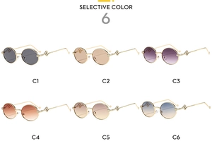 Selective color chart of Y2K snake-temple sunglasses featuring six gradient lens options