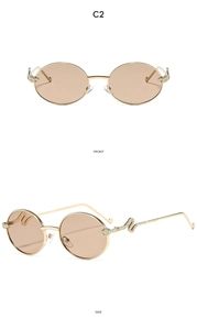 Detail view of gold snake-shaped temples and brown lenses on Y2K style sunglasses