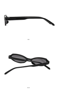 Detailansicht der Seite und Rückseite einer schwarzen ovalen Sonnenbrille mit Glanz