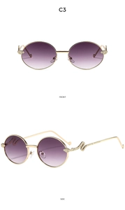 Detailed front and side view of Y2K round sunglasses with gold snake metal temples