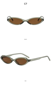 Detaillierte Vorder- und Seitenansicht der olivgrünen Cateye-Sonnenbrille mit braunem Glas