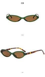 Vorder- und Seitenansicht der grünen ovalen Sonnenbrille mit Schildpatt-Bügeln