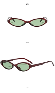 Vorder- und Seitenansicht der Vintage Oval-Sonnenbrille in Dunkelrot mit grünen Gläsern