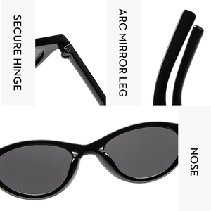 Detail view of oval sunglasses showing secure metal hinges and ergonomic temple design