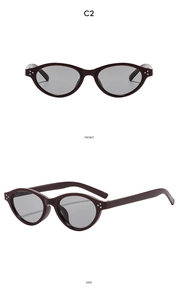 Detailed front and side view of oval Y2K vintage sunglasses with metal rivets and dark lenses