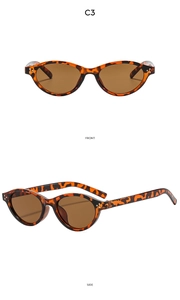 Retro leopard print oval sunglasses with rivet details shown in front and side views