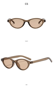 Front and side views of vintage oval cat-eye sunglasses in translucent tea brown finish