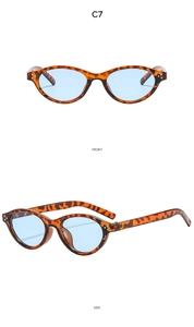 Front and side views of Y2K oval tortoise sunglasses with blue tinted lenses