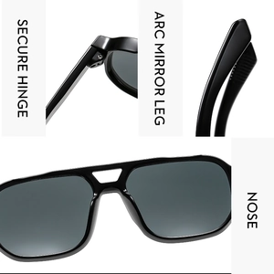 Detail of pilot sunglasses showing secure hinge, arc mirror leg and integrated nose pads