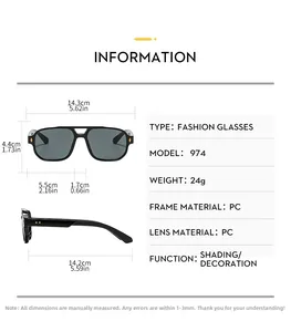 Detailed size chart of vintage pilot sunglasses with double bridge frame measurements