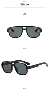 Detailed front and 45-degree side view of black pilot sunglasses with double bridge