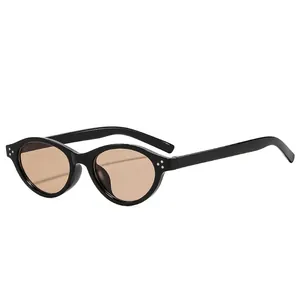 Retro oval sunglasses in glossy black frame with brown lenses and silver stud details