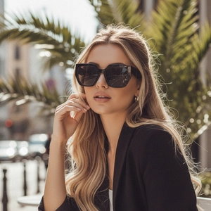 Chic oversized square black sunglasses for women in a stylish outdoor street style scene
