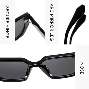 Detail view of secure hinges and arc mirror legs on black rectangle sunglasses