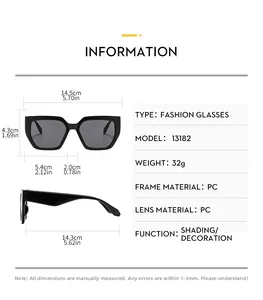 Detailed size chart for square retro sunglasses showing PC frame dimensions and specs