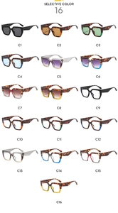 Matrix display of 16 stylish square oversized sunglasses in various colors and lens tints