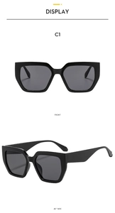 Detailed front and side views of black square oversized sunglasses on white background