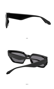 Side and back views of retro square sunglasses with thick black frames and grey lenses