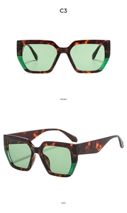 Square oversized tortoiseshell sunglasses with green lenses shown in front and side views