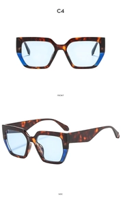 Front and side views of tortoise shell square sunglasses with blue accented frames