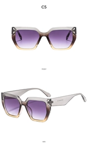 Detailed front and side views of square oversized sunglasses with gradient purple lenses