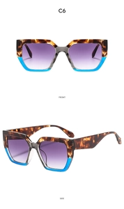 Detail view of square oversized sunglasses with C6 tortoiseshell and blue frame