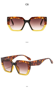 Detailed front and side view of oversized geometric sunglasses with leopard print and yellow frame