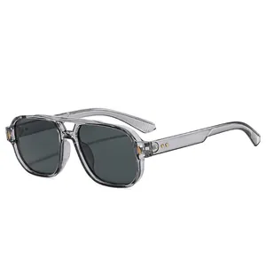 Retro pilot sunglasses with double-bridge transparent grey frames and dark grey lenses