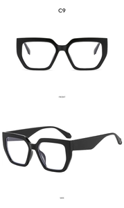 Detailed front and side view of thick black square geometric sunglasses in a vintage style