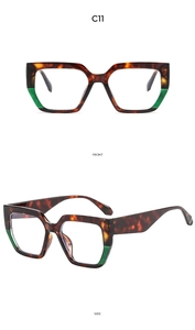 Front and side view of square sunglasses featuring tortoiseshell and green color blocking