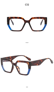 Detailed front and side views of oversized square tortoiseshell frames with blue accents