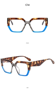 Detail view of retro oversized square sunglasses with tortoise and blue splicing frame