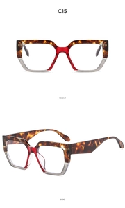 Detailed front and side view of oversized square retro tortoiseshell frames in tricolor