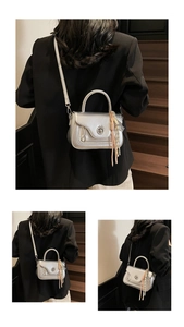 Detailed view of silver metallic mini bag with round twist lock and tassel charm
