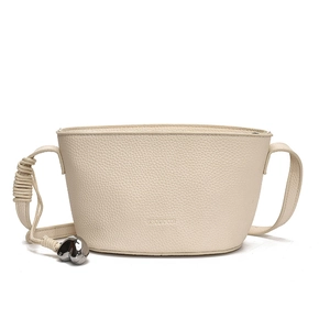 Minimalist creamy white bucket bag in lychee pattern leather with metal heart charm