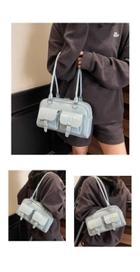 Three-way detail view of a glossy light blue tote bag with small pockets and thin straps