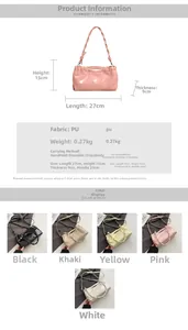 Detail of pleated PU leather handbag showing woven handle and five color variations