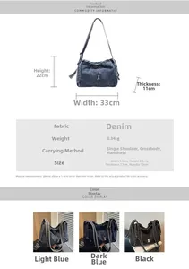 Tableau des tailles du sac en jean 33x22x11cm montrant les dimensions et les couleurs