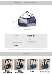 Detailed dimension chart and material specs for the vintage patchwork denim tote bag