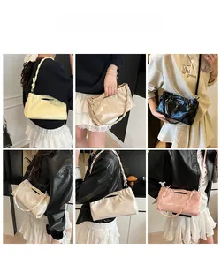 Close-up of stylish pleated glossy leather bags in five colors with model display