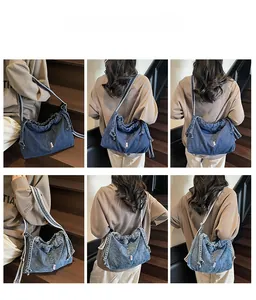 Vues multiples d'un sac hobo en jean bleu avec fermeture à cordon et bandoulière