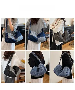Detailed views of multi-tone patchwork denim tote bag worn as a casual crossbody bag