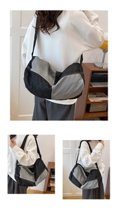 Detail of a large denim patchwork crossbody bag showing side view and strap adjustments