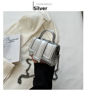Detail of silver crocodile pattern mini handbag with metal chain and handle