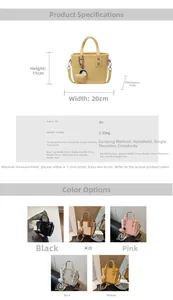 Detailed size guide and five color variants of the lychee texture mini bucket bag with heart charm