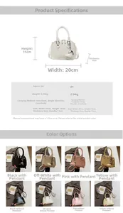 Detailed dimension guide and color selection for minimalist shell-shaped crossbody handbag