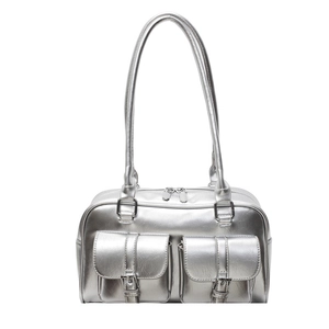 Silver metallic large tote bag with front buckle pockets and dual shoulder straps