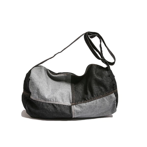 Retro denim crossbody tote bag with blue and grey patchwork and adjustable strap