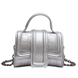 Mini silver crocodile embossed square bag with metal chain strap and top handle